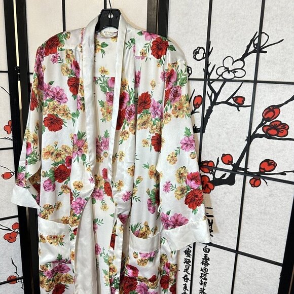 Vintage VICTORIA’S SECRET Women’s Robe Ivory Pink Red Floral Satin Size M/L - Picture 3 of 7